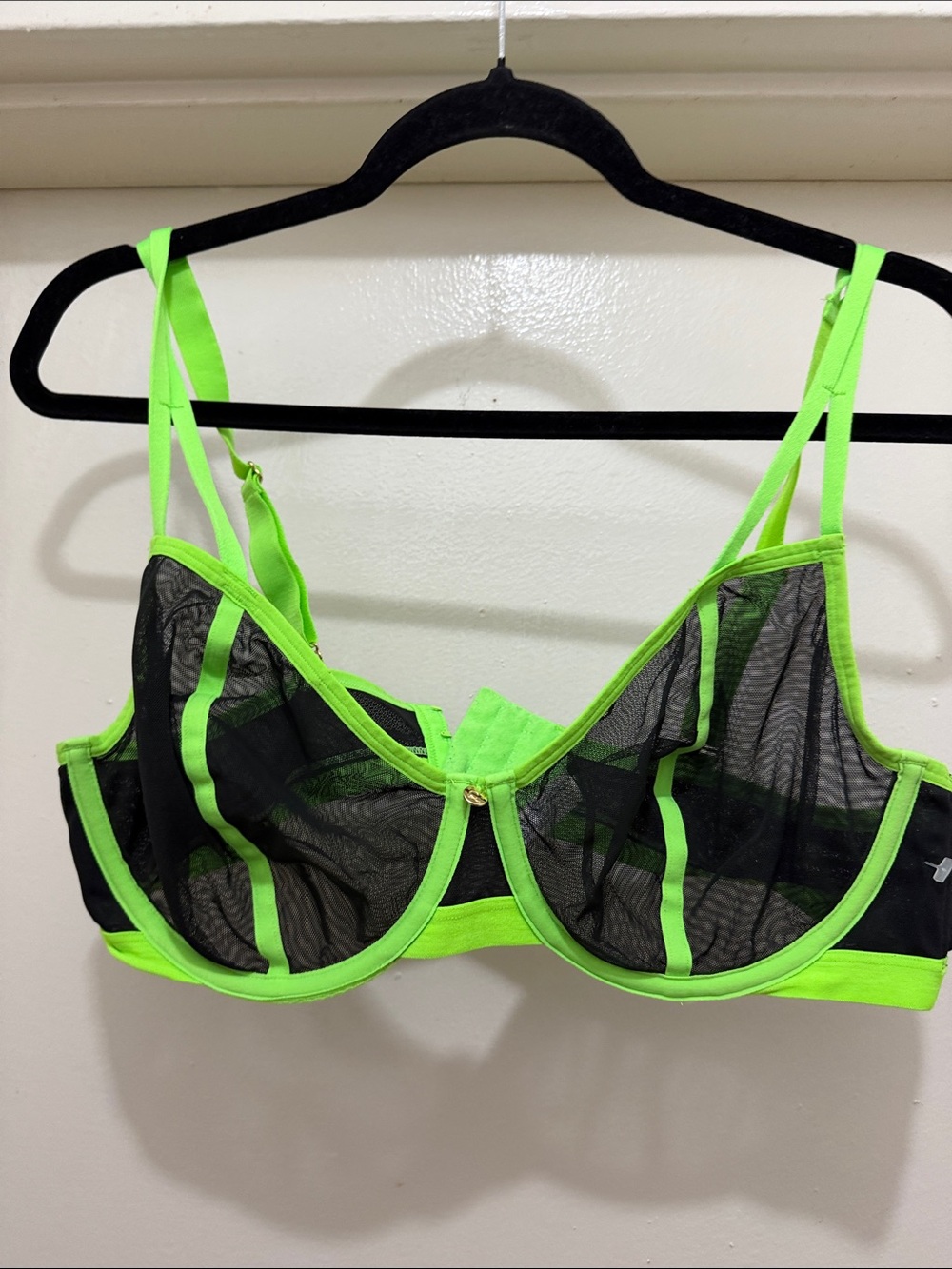 Cacique Black Sheer Mesh Underwire Bra with Neon Green Trim